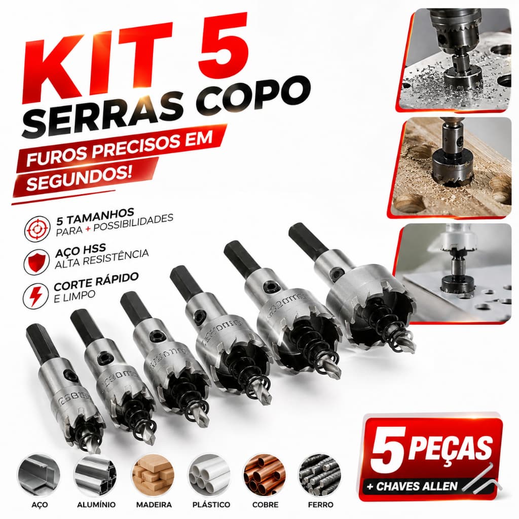 Kit 5 Brocas Serra Copo 16/20/25/30/32mm - Furar Chapa de Metal Aço e Ferro - Jogo de Ferramentas Completo para Metalurg