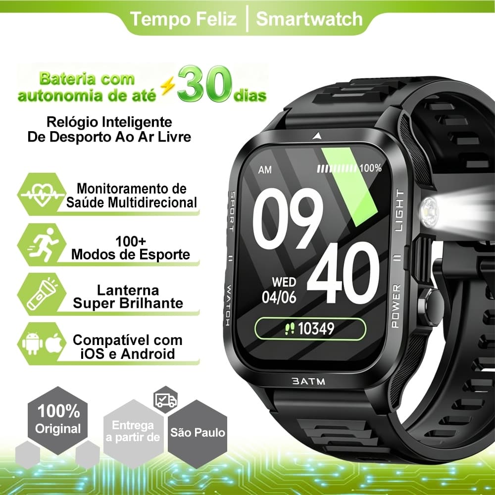 Smartwatch Relógio Inteligente 1.96" HD 3ATM Bateria 30 Dias Monitor Sono Monitor Cardíaco Lanterna LED Esportes