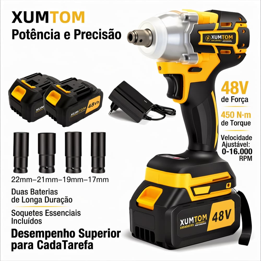 Chave De lmpacto 48V Elétrica Sem Fio 450NM Profissional Brushless Com 2 Bateria 48V Bivolt