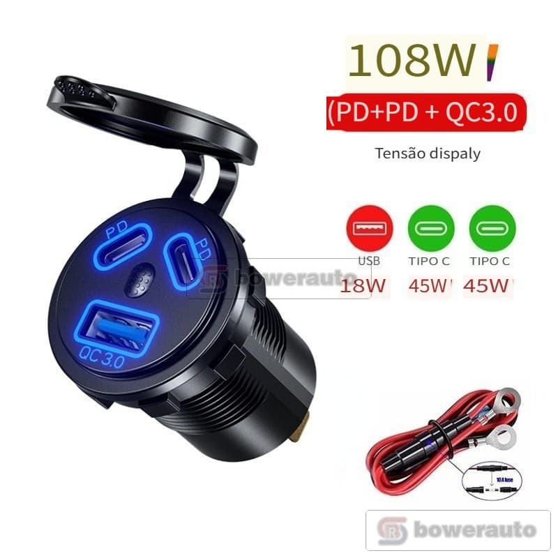 Carregador de carro Dual PD + QC3.0, Carregamento Rápido 45W, 3 em 1 Mini Carregador P22