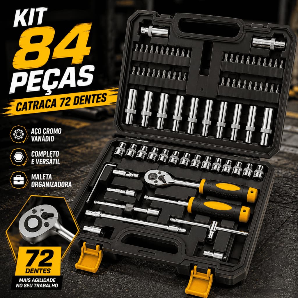Kit 84 Peças Chave Catraca 72 Dentes Jogo de Soquetes Allen Torx Ferramentas Profissional Completo
