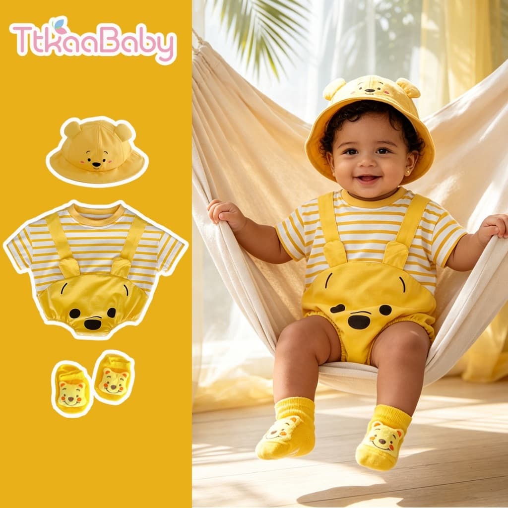 Bonito Winnie the Pooh Dos Desenhos Animados Urso Listrado Roupas Bebê Menina Menino Macacão De Algodão Confortável Conj