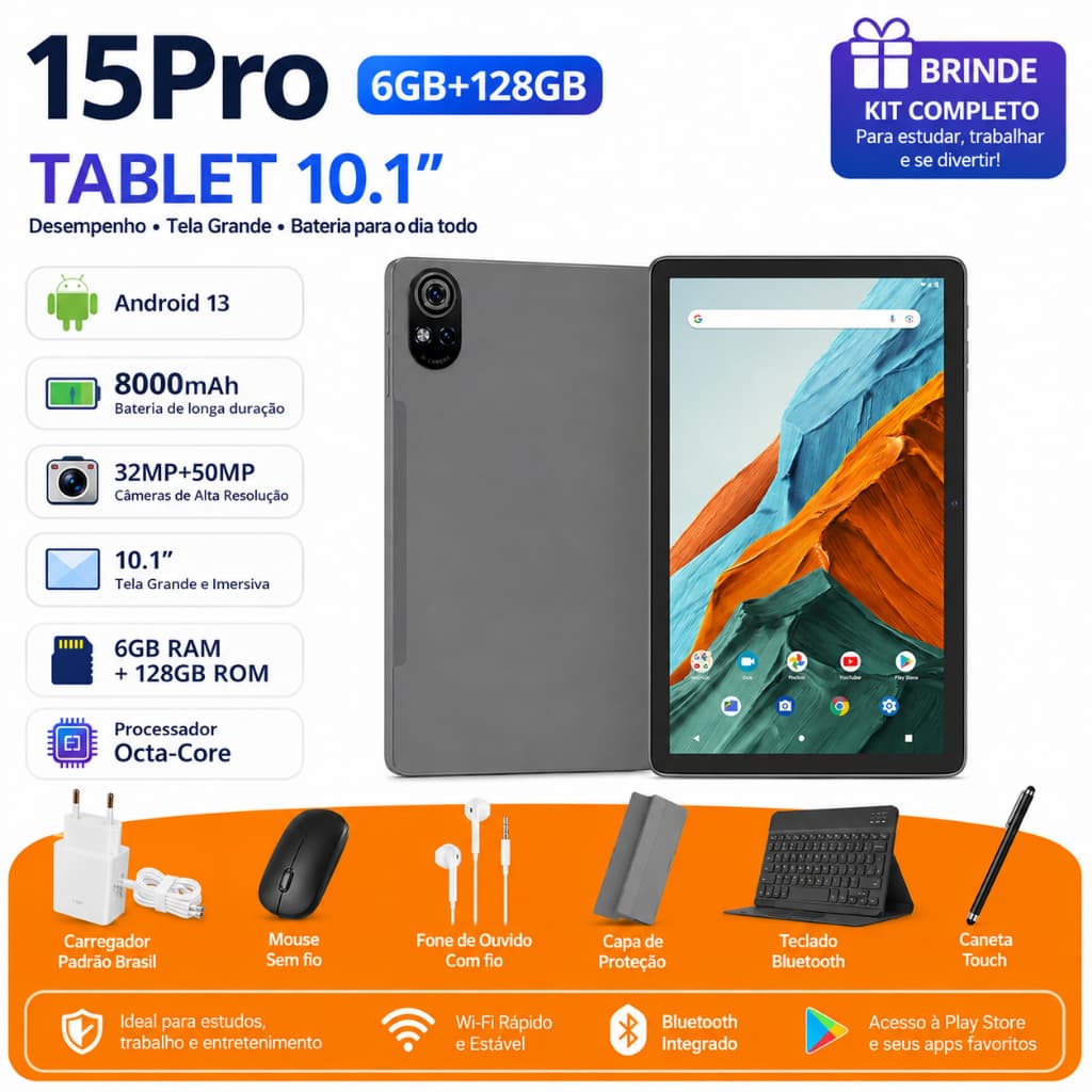Tablet 15 PRO Android 13 8000mah Wifi com chip 10.1 , Teclado+Mouse 6GB RAM 128GB Câmera Bluetooth MUNDO