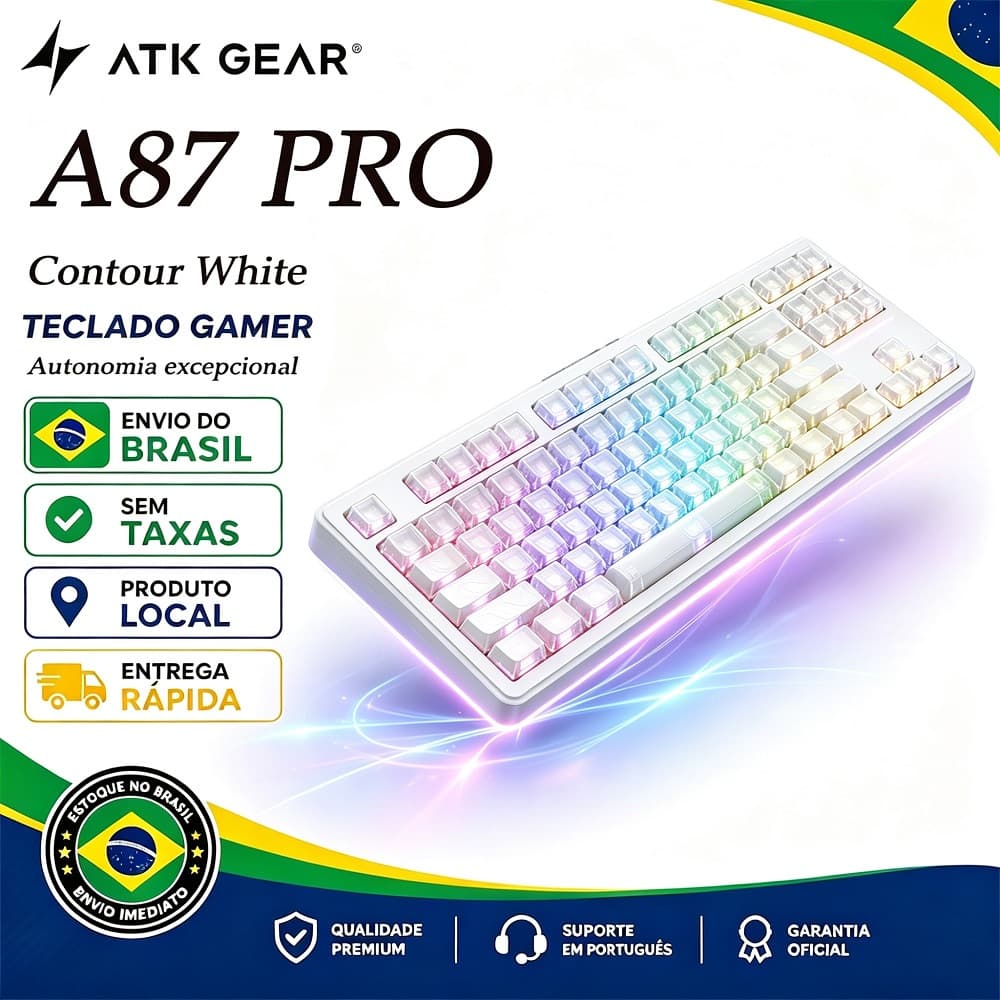 Teclado Mecânico Sem Fio ATK A87 Para Jogos TKL Contorno Branco