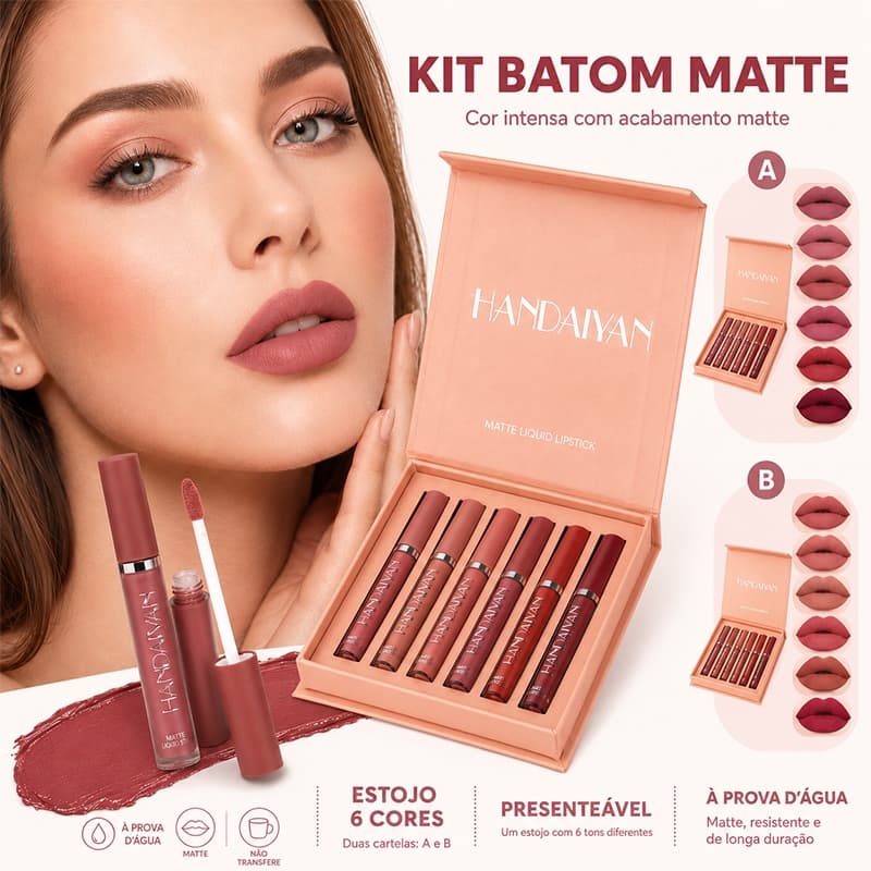 Kit 6 Batons Líquidos Matte à Prova D'água – Longa Duração, Cores Nude, Caixa para Presente Inclusa  2.5ml * 6