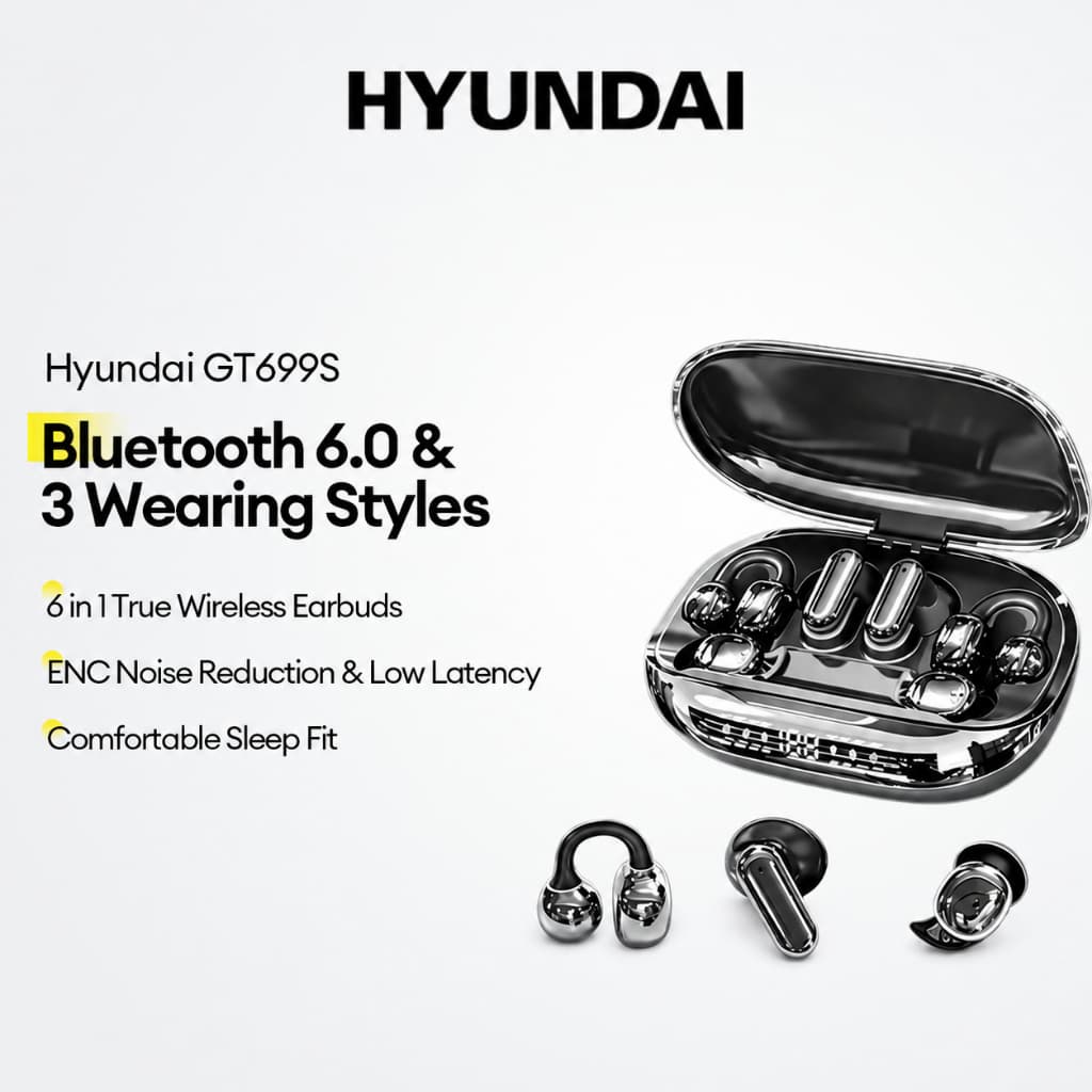 Hyundai GT699S Fones De Ouvido Bluetooth 6 Em 1 True Wireless Earbuds Com 3 Estilos De Uso 6 0 ENC Redução De Ruído Para