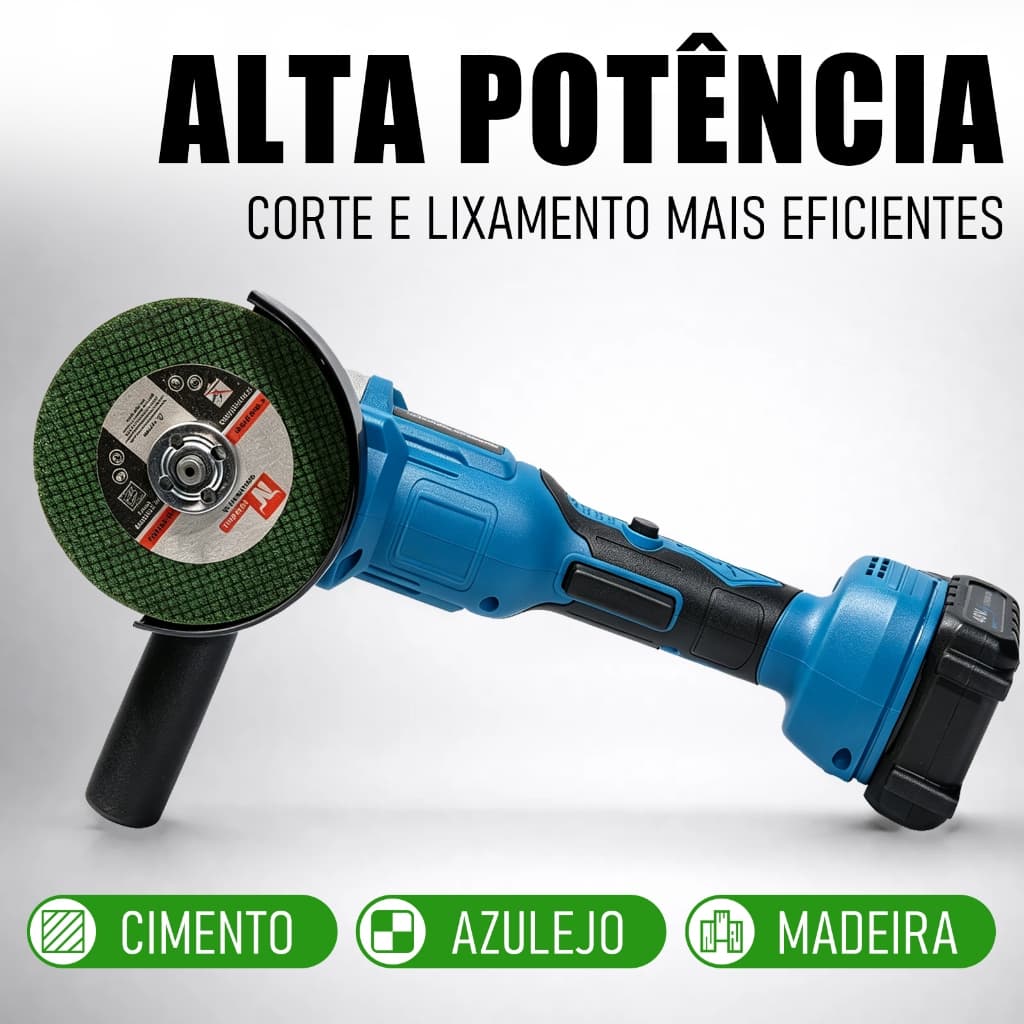 Esmerilhadeira Angular Sem Fio 100mm Motor Sem Escova 48V, Kit Com 2 Baterias + Carregador Bivolt, Indicador LED de Bate