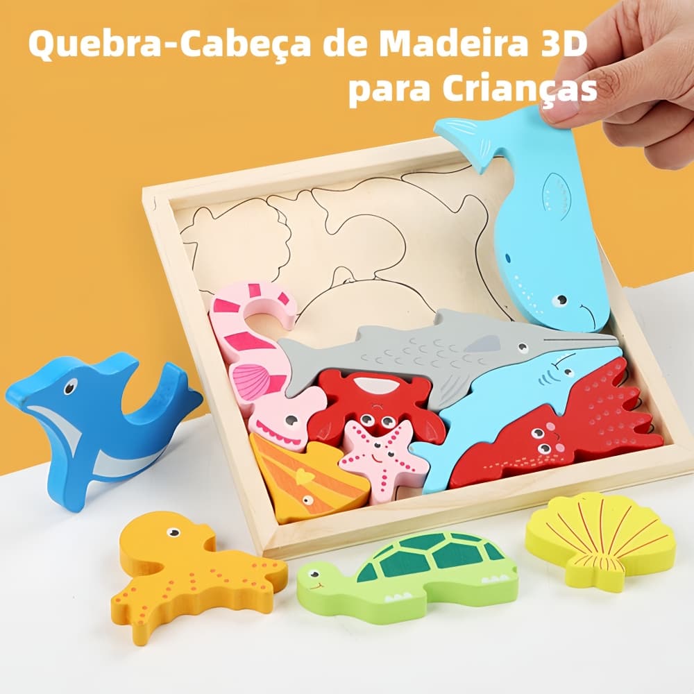 Quebra Cabeça de Madeira Infantil 3D Encaixe Divertido Montessori Dinossauro Animais Brinquedo Educativo para Crianças