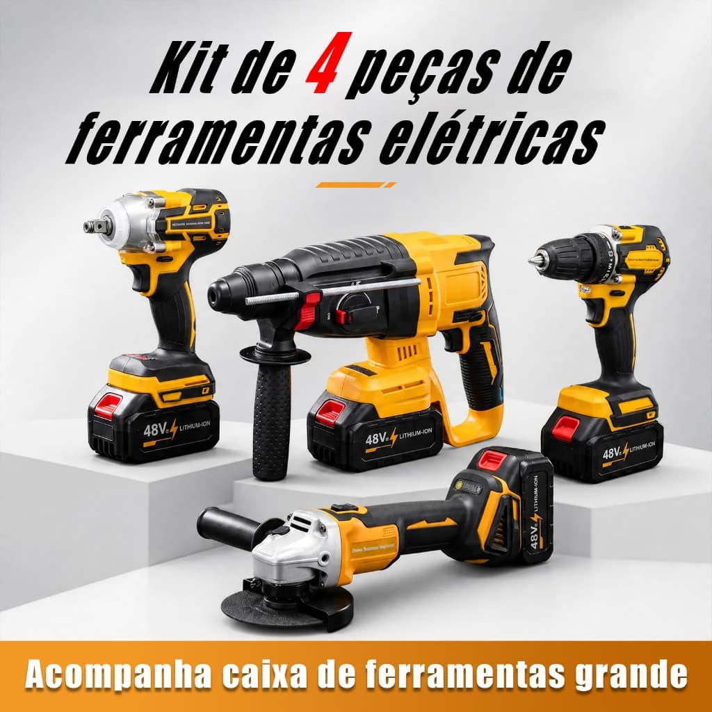 Kit Ferramentas 4 em 1 | sem escova 48V, Bateria de maleta multifuncional, Chave de Impacto Esmerilhadeira