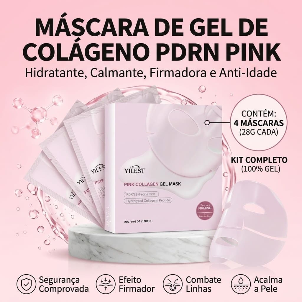 Máscara de Gel Facial Colágeno e Rosa 4 Unidades | Anti-Idade Reafirmante Reduz Poros Hidratação Profunda Efeito Lifting