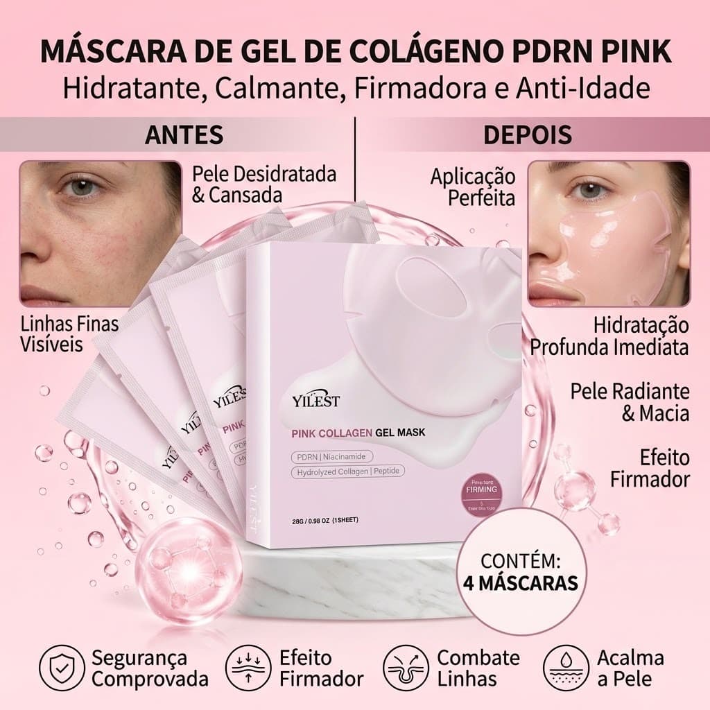 Máscara Gel Reafirmante de Rosa e Colágeno 4un | Anti-Idade Redutor de Poros Hidratação Intensa Efeito Lifting