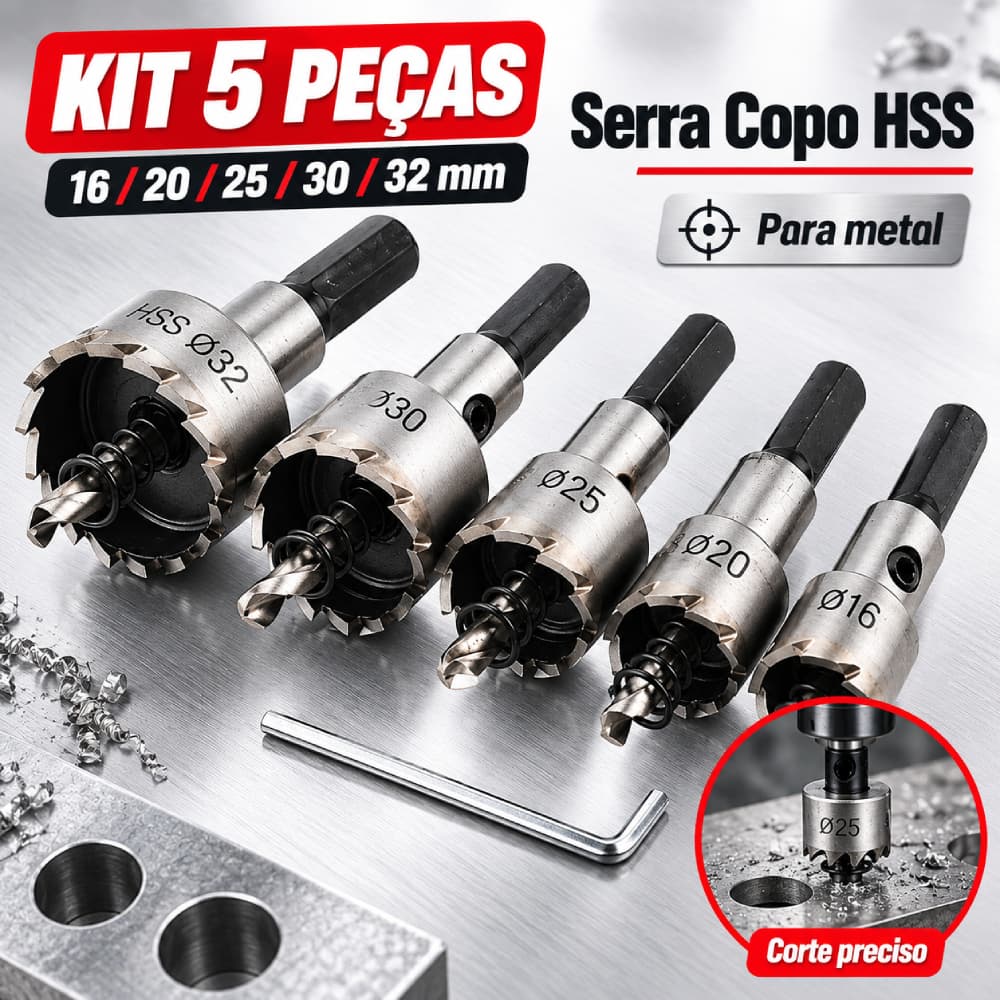 Kit 5 Brocas De Serra Furos Copo De Metal 16/20/25/30/32mm jogo ferramentas completo metalurgica