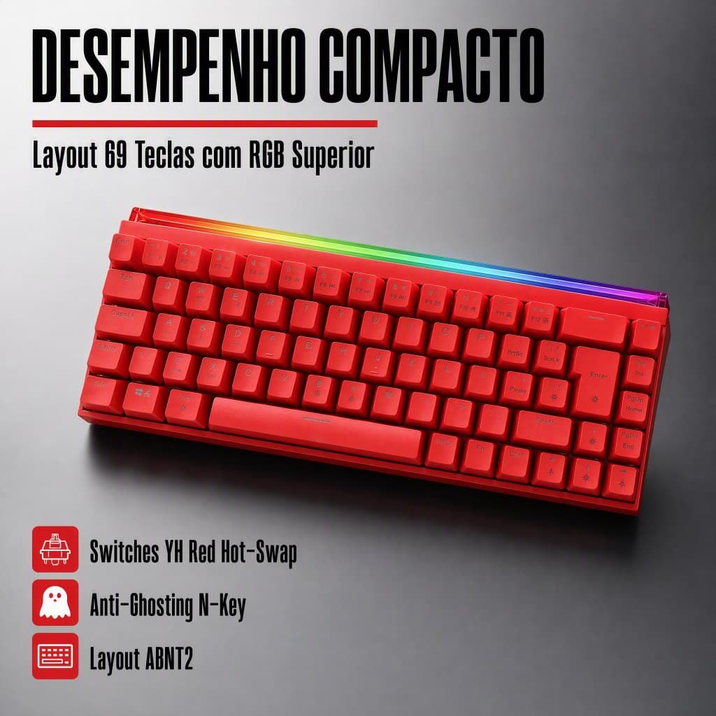 Teclado mecânico para jogos, iluminação RGB de 69 teclas ABNT2, interruptor Linear N-key Flip, Layout de chave Anti-Ghos