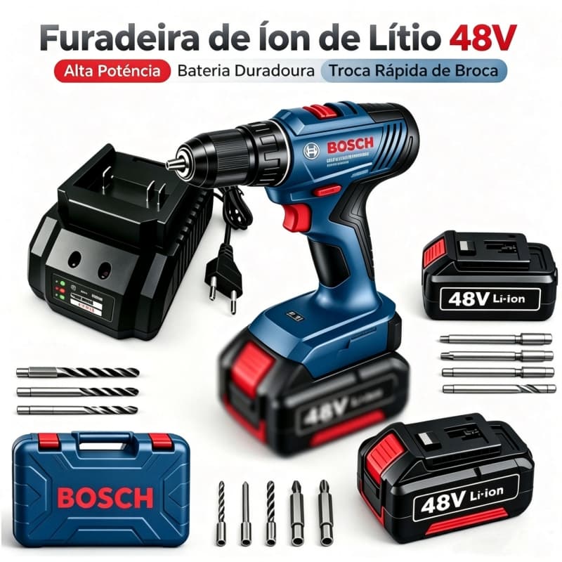 Furadeira Parafusadeira  48V Universal Bosch 2 Baterias Furadeira de Impacto Elétrica Kit Com Acessórios