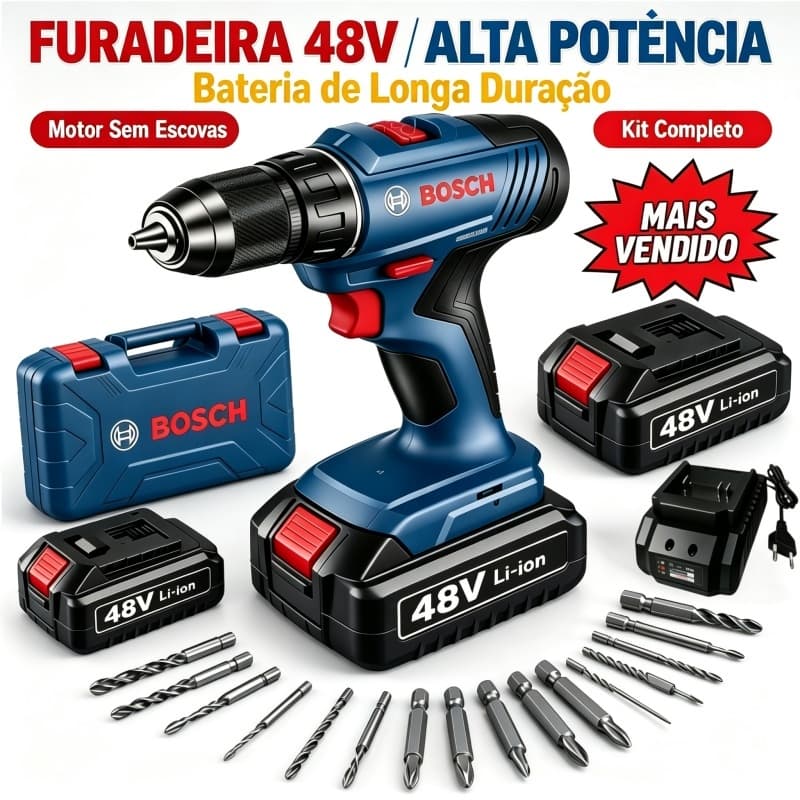 Bosch Furadeira Parafusadeira Elétrica 48V Furadeira de Impacto 2 Baterias Kit Com Acessórios