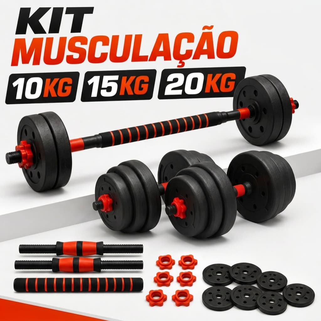 Kit Musculação 2 em 1 Halteres Ajustáveis 10/15/20kg Converte Barra para Academia em Casa