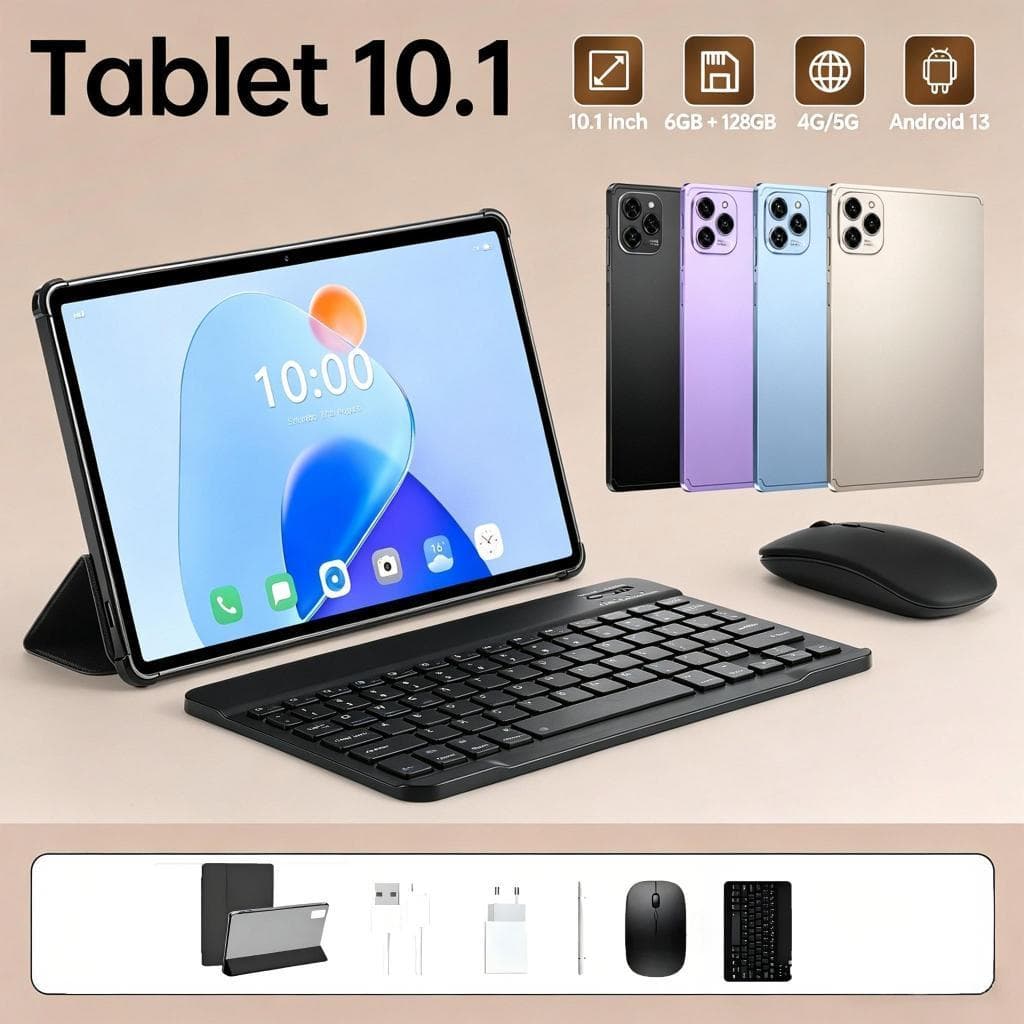 Tablet 10.1” com Teclado+Mouse 6GB RAM 128GB Android 13 Câmera 50MP  FLASH