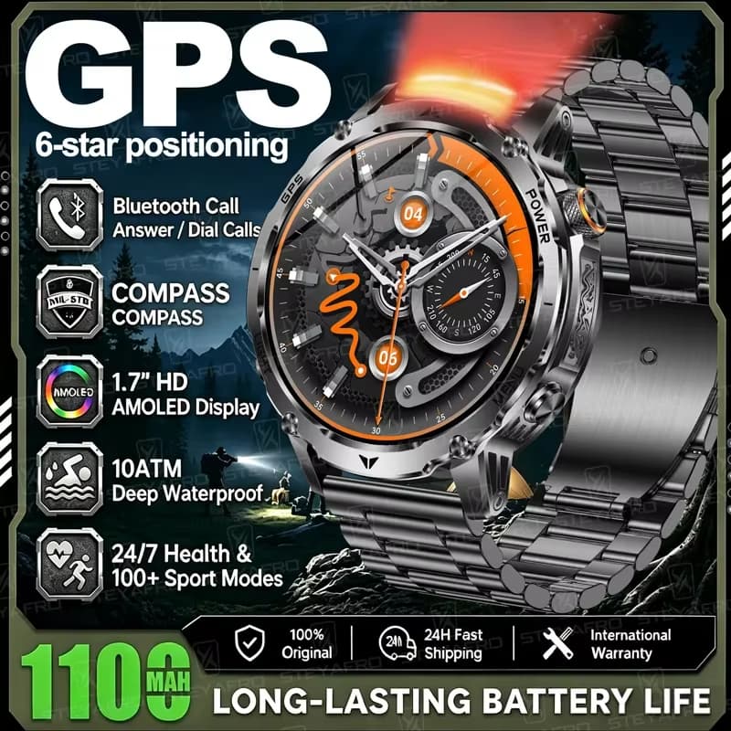 Relógios GPS Militar 1100mAh Bateria Smartwatch Relógio Inteligente Masculino Esporte Ao Ar Livre Bússola Lanterna IP68 