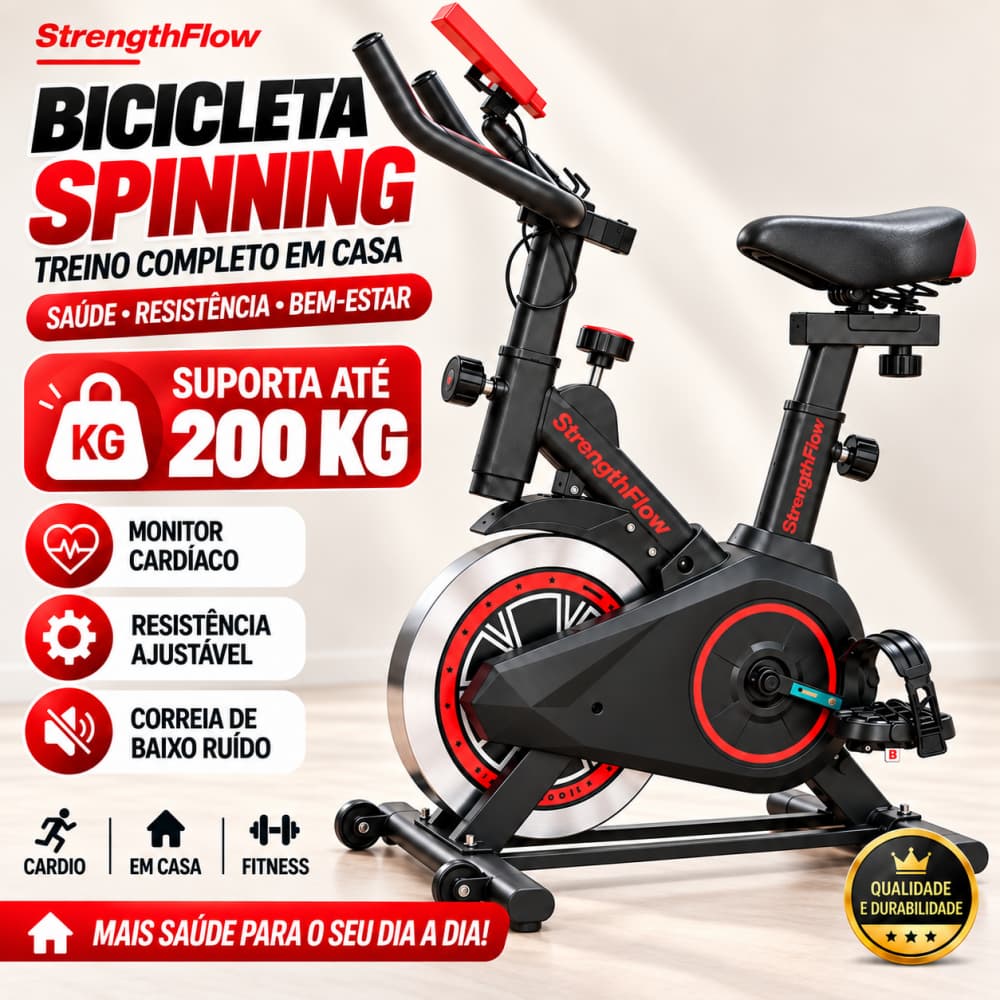 Bicicleta Spinning Ergométrica para Casa com Monitor Cardíaco Painel LCD Resistência Ajustável 200kg