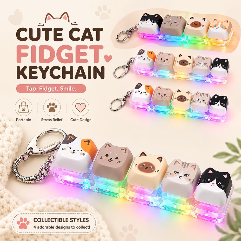 3 Pçs Gato Bonito Teclado Mecânico Chaveiro Brinquedo Fidget Com Luz LED & Som Clicky 4 Teclas Mini De Alívio Do Estress