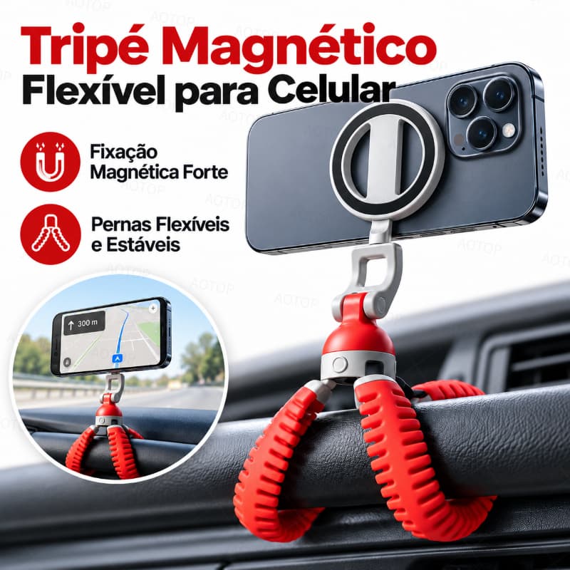 Suporte Magnético Universal para Celular com Tripé Flexível Tipo Polvo para Carro e Caminhão