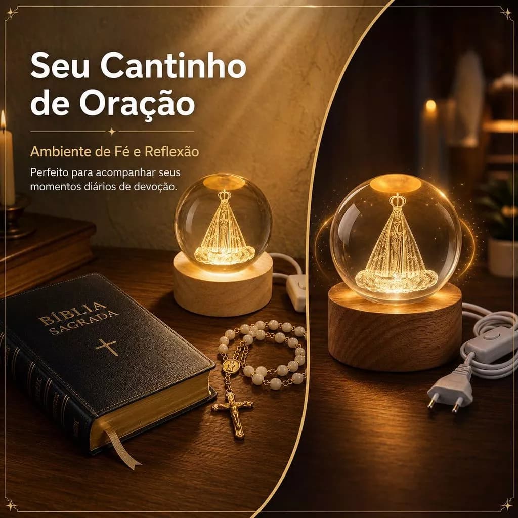 Luminária Religiosa Nossa Senhora Aparecida em Cristal Bola 3D LED Abajur de Mesa com Base de Madeira Fé Decoração Catól