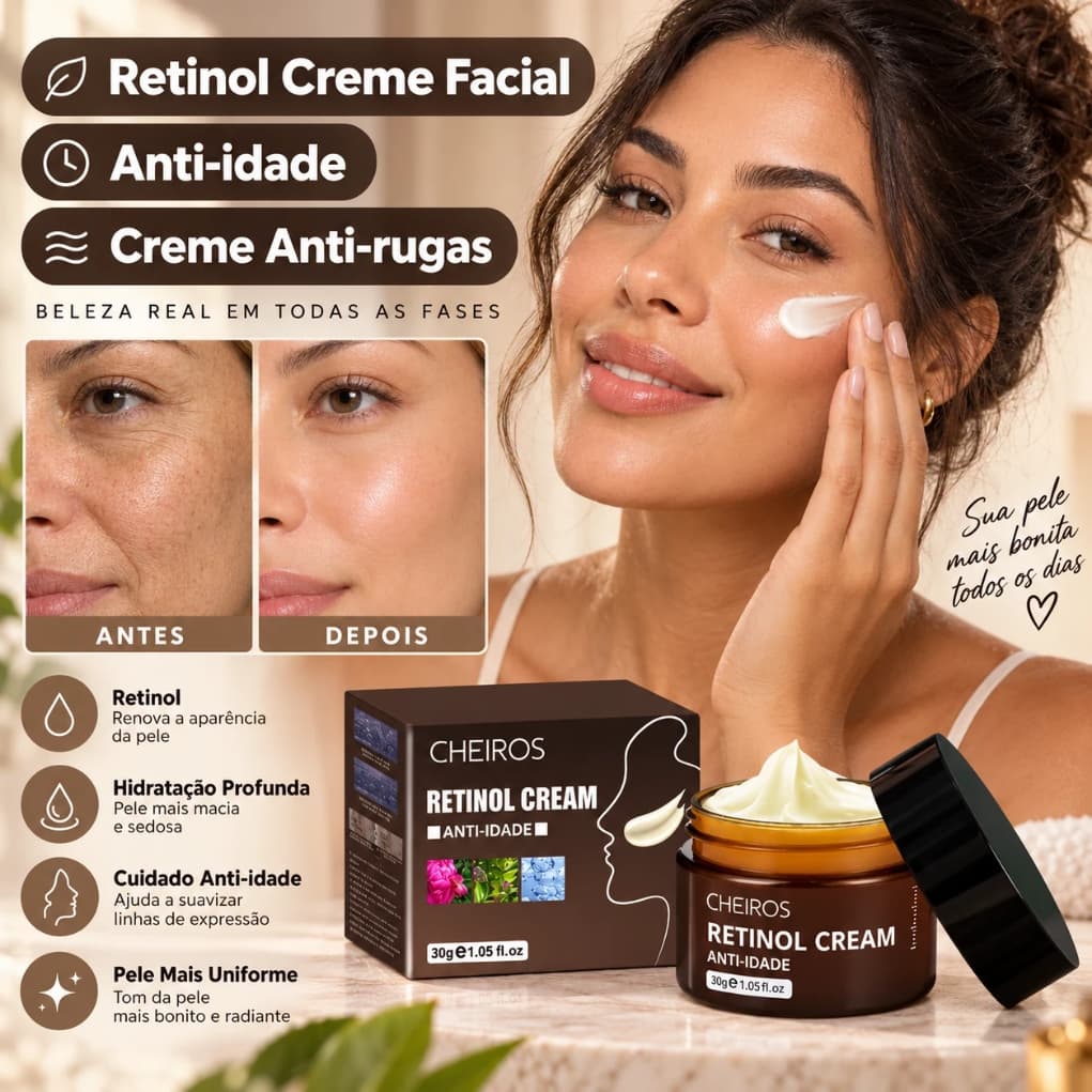 Creme Facial Retinol 30g Anti-Idade Hidratante Anti-Rugas Reafirmante Redutor de Linhas Finas Para Rosto