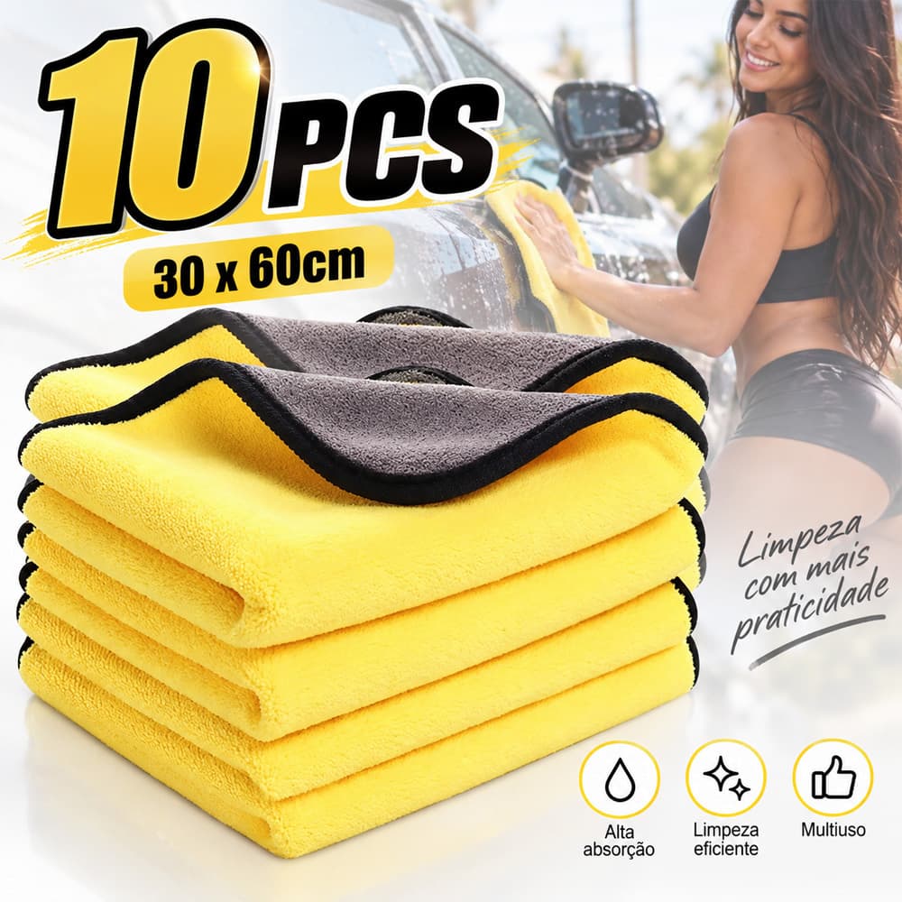 Kit 10 Flanela Microfibra Automotiva 600GSM 30x60cm Premium para Lavagem e Polimento de Carro