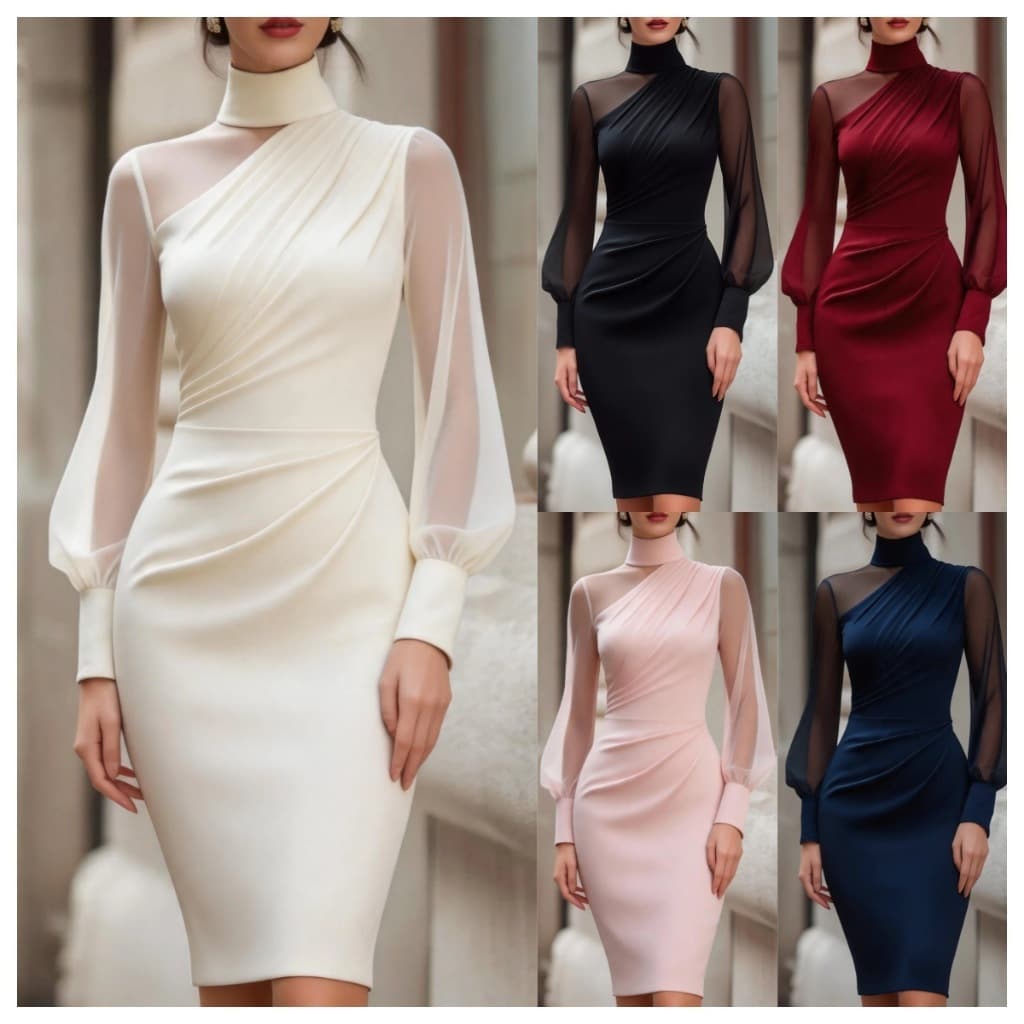 Vestido feminino manga alta gola lanterna malha costura magro-ajuste Hip saia jantar vestido roupas femininas