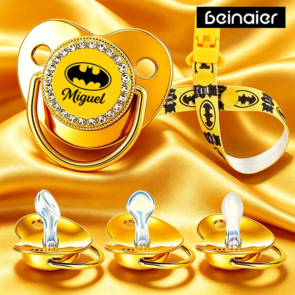 Kit de chupetas para bebês dourado, com o nome do bebê personalizados, indicado para 0 a 36 meses