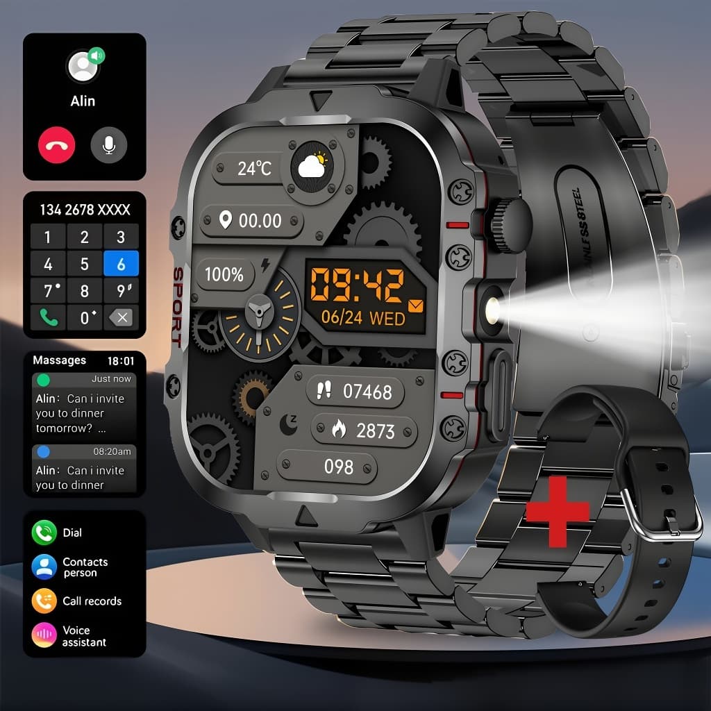 2026 Relógio Inteligente Ao Ar Livre Homens Smartwatch Bluetooth Chamada Lanterna
