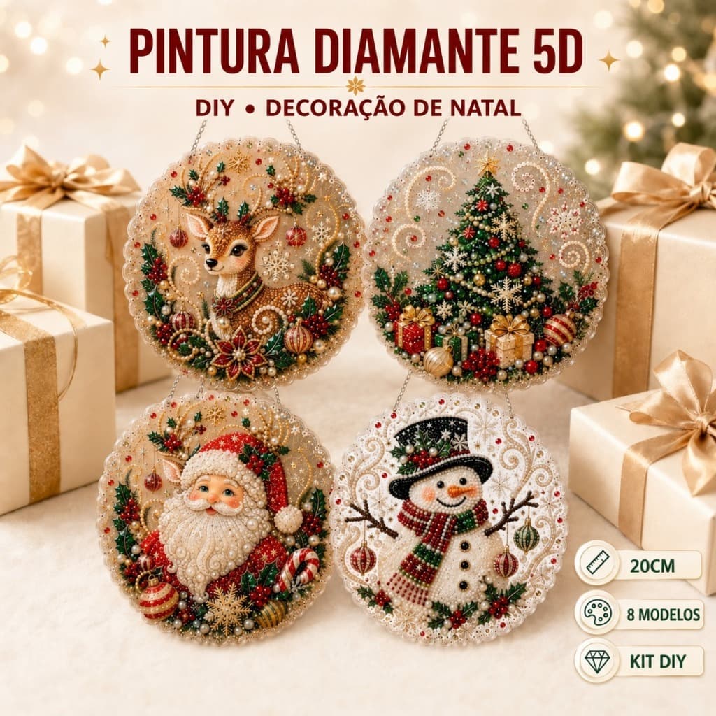 Kit Pintura Diamante 5D Natal DIY 20cm, Enfeite Pendente de Parede e Porta em Acrílico, Diamond Painting 8 Modelos