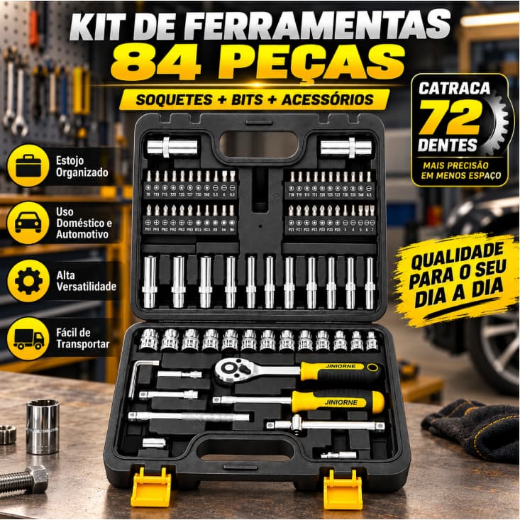Kit Jogo de Ferramentas 84 Peças Catraca 72 Dentes 1/4" com Soquetes e Bits Maleta Completa para Carro Oficina e DIY Alt