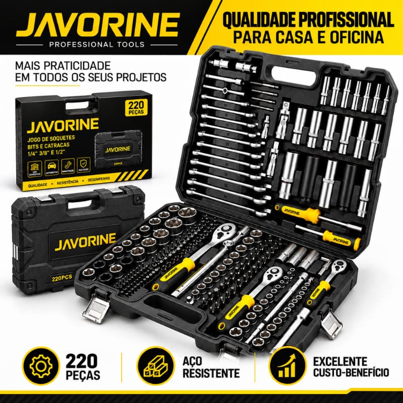 JAVORINE Jogo Soquetes Catracas Ferramentas Kit Chave 220 Pçs Completa Master Maleta