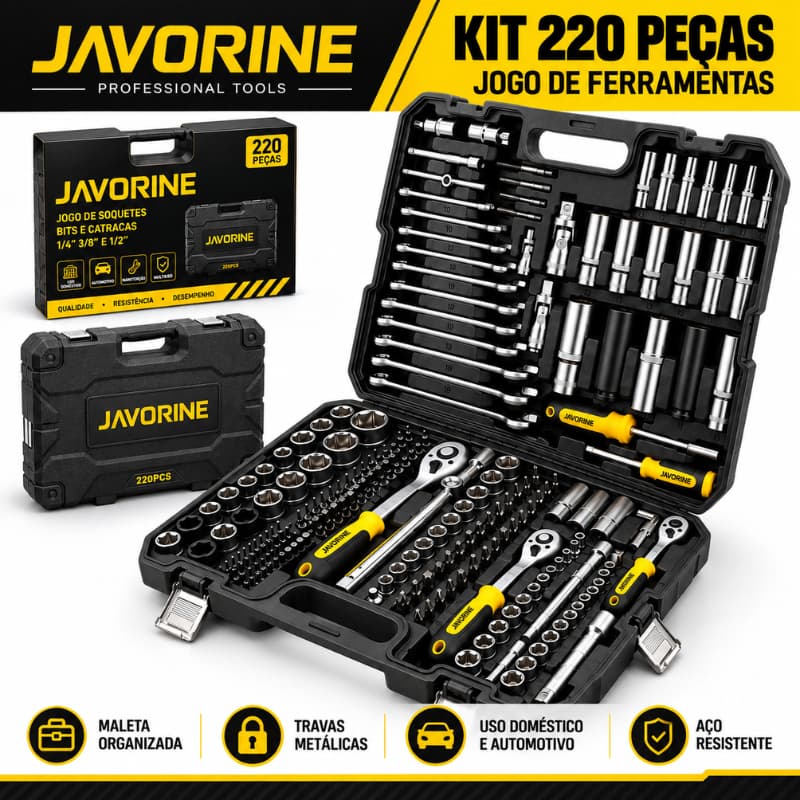 JAVORINE Kit Jogo De Ferramentas 220 Pçs Profissional Aço Cromado Soquetes Catracas C/Caixa