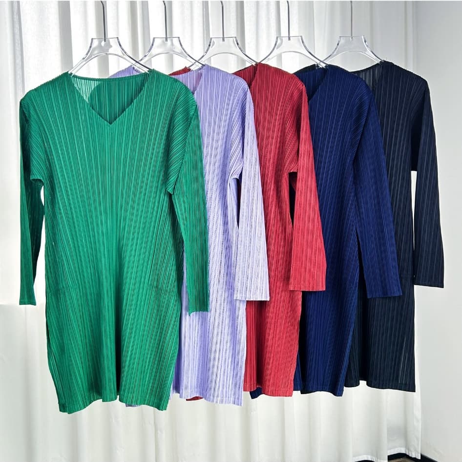 Miyake estilo plissado feminino confortável vestido macio feminino de comprimento médio fino ajuste a linha saia vestido
