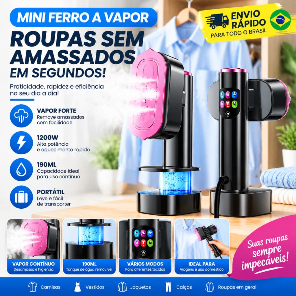Vaporizador de roupas portátil, ferro a vapor mini, capacidade de 190ml, 1300W, potência forte, removedor rápido de ruga