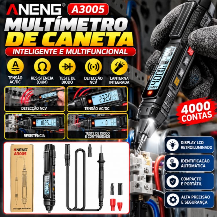 Multímetro Digital Tipo Caneta Automático para Medir Tensão AC/DC e Resistência Ohm