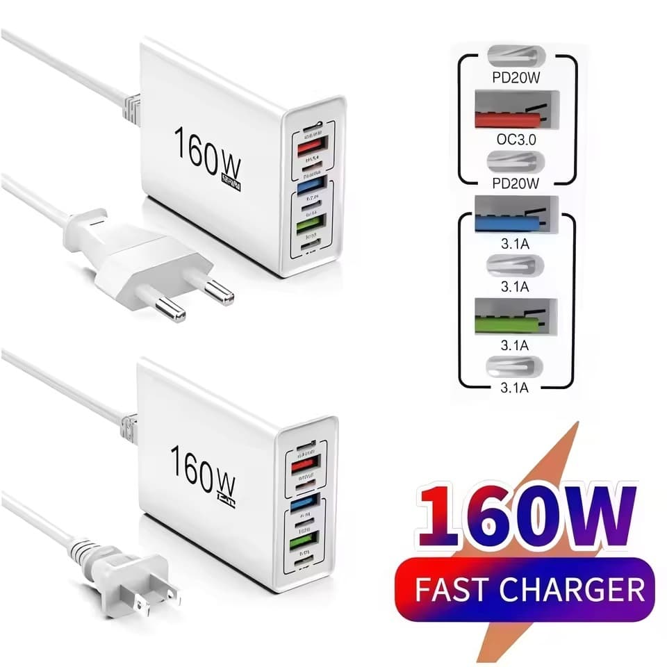 Carregador Rápido USB 160W PD QC3.0 Type C Adaptador De Carga USBC De Viagem Para Celular