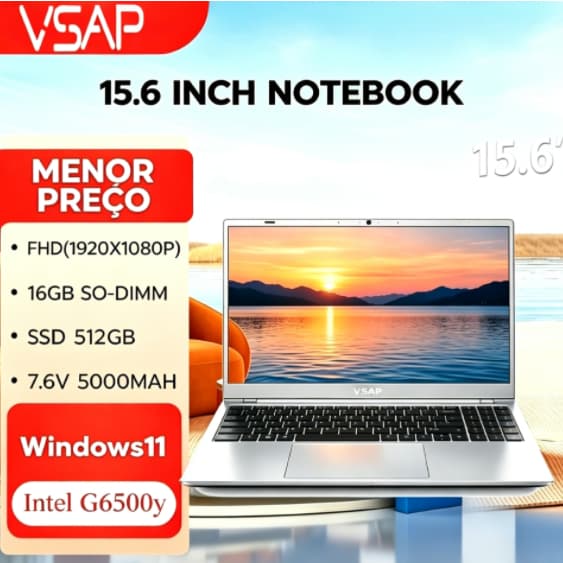 Notebook Gamer VSAP 15.6 Polegadas  Intel Pentium G6500y Windows 11Pro 16GB RAM 512GB SSD LED IPS Antirreflexo -Prateado