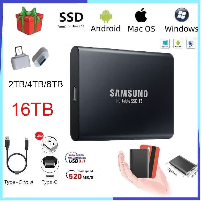 SAMSUNG Solid State SSD T5 HD Externo 2 Tb/4/8/16 USB 3.0 Para Laptops E Telefones Celulares