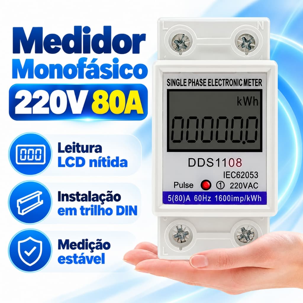 Medidor de Energia Digital Monofásico com Display LCD, 220V 80A