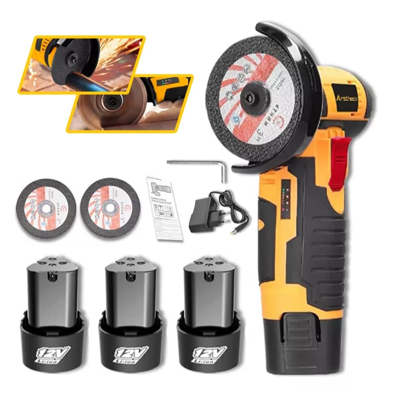 12v Esmerilhadeira Lixadeira Recarregável Portátil 76mm Angular S/fio Serra Mármore de 2 Baterias Amarelo