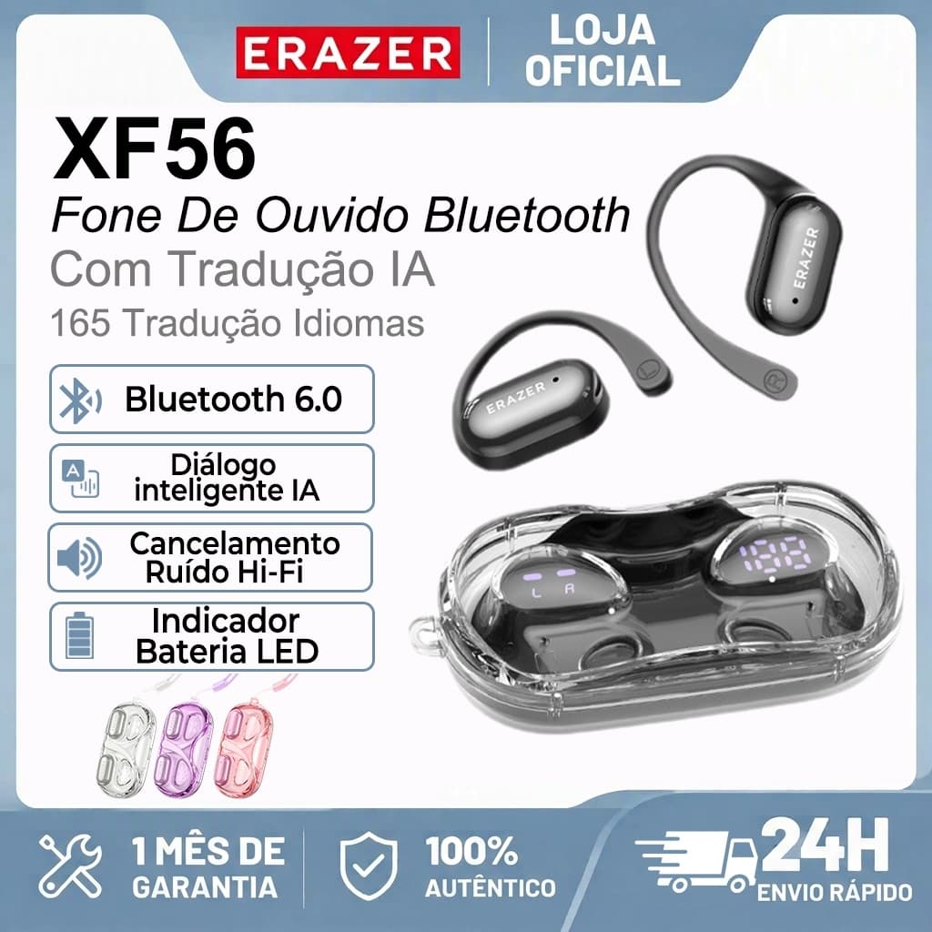 ERAZER XF56 Fone De Ouvido Bluetooth 6.0 Sem Fio Al Smart Tradução Em Tempo Real Fone Com Cancelamento De Ruído Microfon