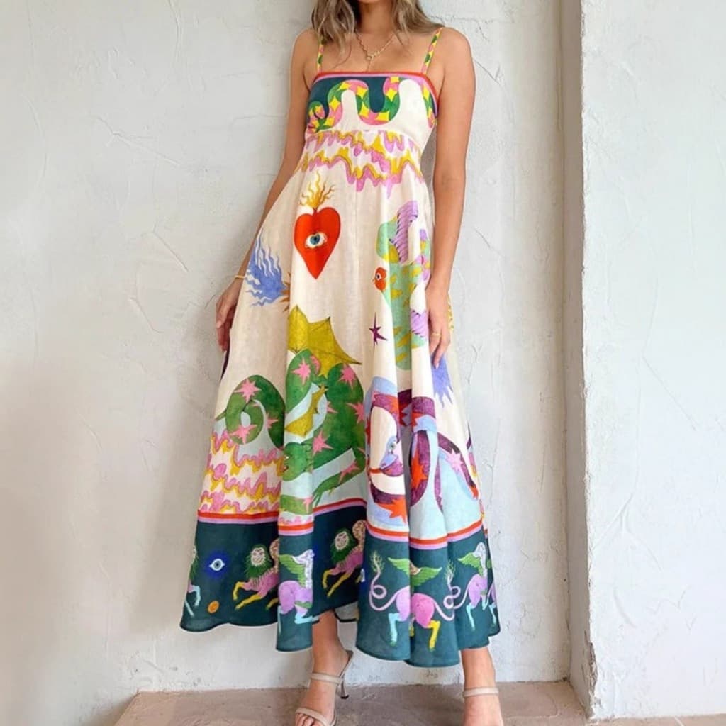 Vestido longo estampado feminino com alça de ombro fina, vestido longo de cintura alta, vestido de banquete de viagem de