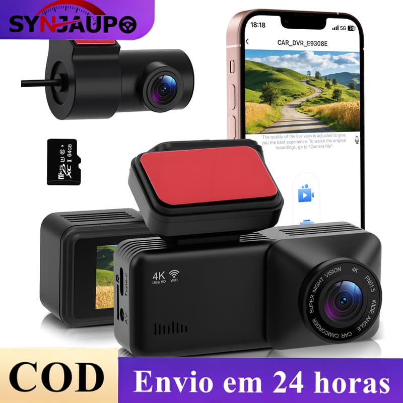DashCam DVR Para Carro Com Lente Dupla Dianteira E Traseira 4K + 1k + GPS + Wifi + 64G HD Night Vision