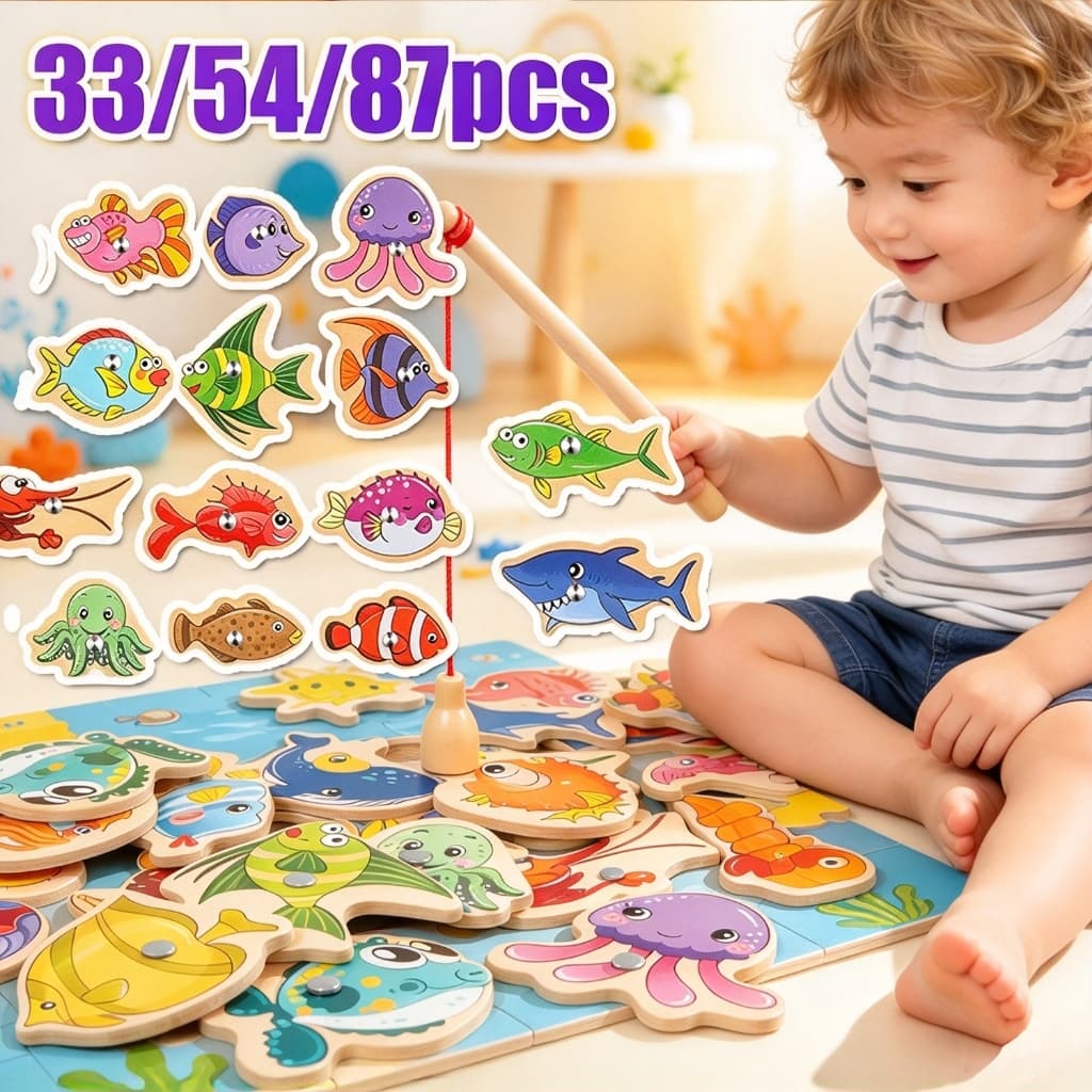54/87peças Brinquedo de pesca magnético de madeira para crianças,Brinquedos educativos Montessori