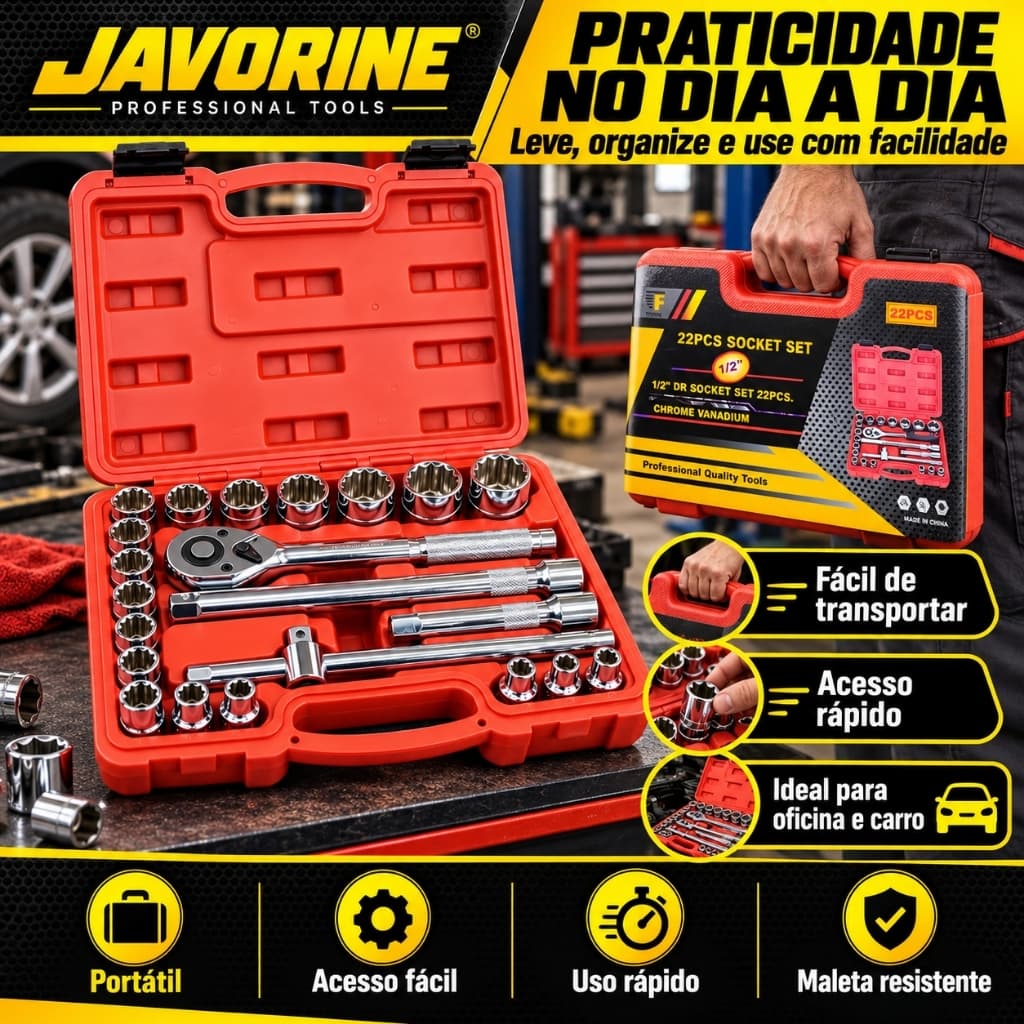 JAVORINE Jogo Soquetes Estriado 1/2 Chave Catraca Reversível 8 A 32mm 22 PEÇAS