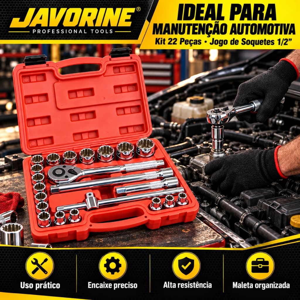 JAVORINE Kit Jogo de Soquetes Estriados 8 A 32mm 22 Pçs 1/2 Chave Catraca Reversível Originial Profissional