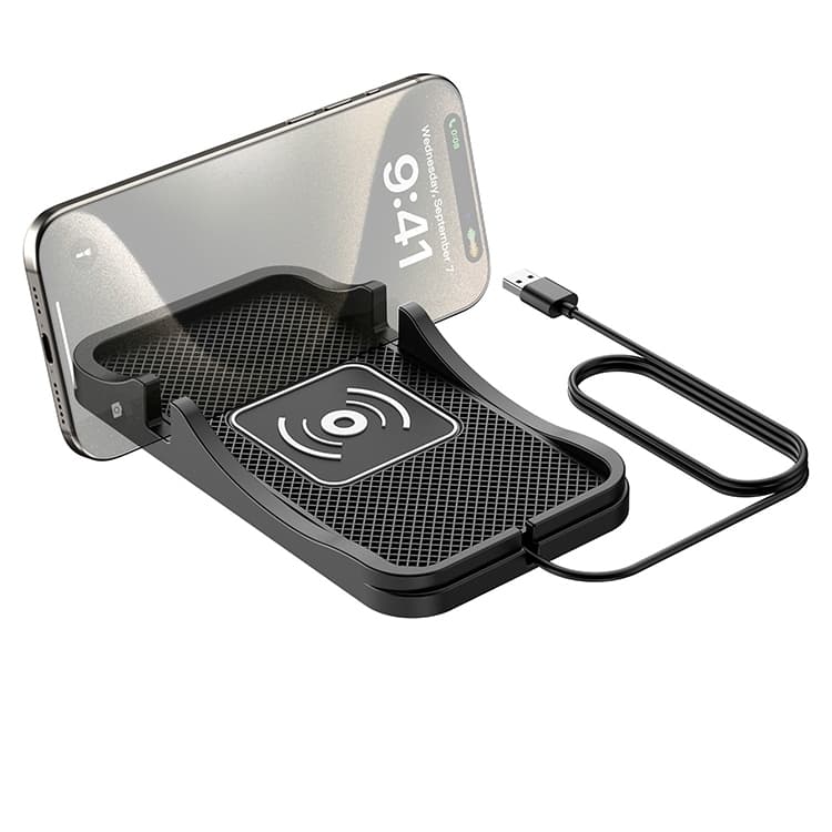 Carregador Sem Fio Veicular Qi 15W Suporte Tapete Silicone Antiderrapante Cabo 1m USB Type-C Para iPhone Samsung